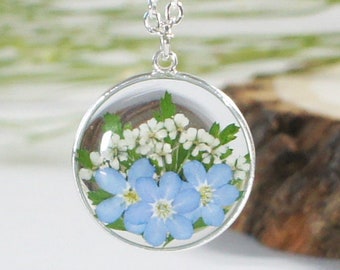 Forget me not Necklace, Pressed Flower Necklace, Forget me not jewelry, Terrarium Jewelry, Resin Jewelry, Sterling silver 925, gift for her