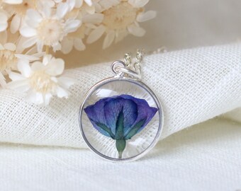 Rose Necklace, Blue Purple Rose Necklace, Tiny Rose necklace, Resin Necklace, Dried Rose, Dried Flower, Romantic Jewelry, Sterling Silver