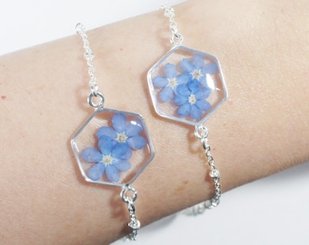 Forget me not bracelet, Pressed Flowers bracelet, Hexagon Resin jewelry, Resin flower bracelet, Terrarium bracelet jewelry, Real flower