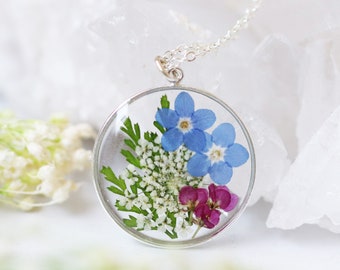 Forget me not Pressed flower necklace, Resin flower necklace, Terrarium Jewelry, Resin necklace, Real flower, Sterling Silver Necklace