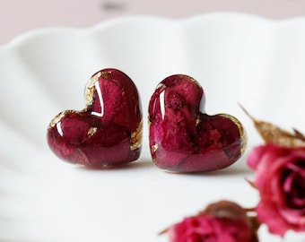 Rose Heart Earrings, Pressed Flower Earrings, Heart Earrings, Rose Earrings, Resin Earrings, Silver Stud Earrings, Valentine's Day Gifts
