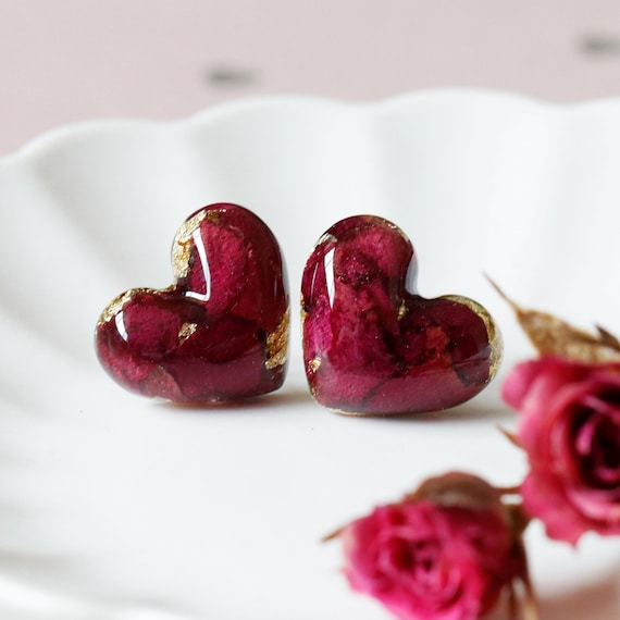 Rose Heart Earrings, Pressed Flower Earrings, Heart Earrings, Rose