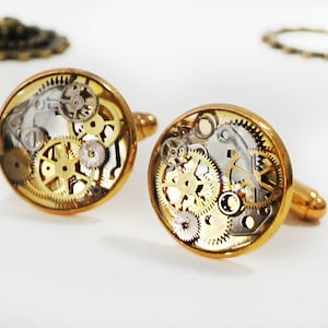 Steampunk Cuff link, GOLD Plated Cuff links, Watch Part Cufflinks Steampunk Men&#39;s Jewelry, Cyberpunk, Wedding Jewelry, Stainless Steel Cuff