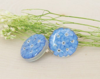 Forget me not Earrings, Pressed Flowers Stud Earrings, Resin Earrings, Sterling Silver, Stud Earrings, Round Oval Earrings, Natural Jewelry