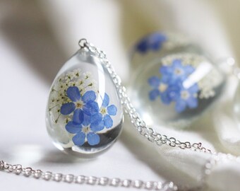 Forget me not Teardrop Necklace, Handmade jewelry , Pressed Flower Necklace, Resin Jewelry, Forget me not Silver Necklace, Gift for Her