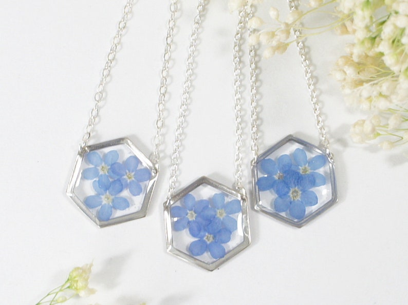 forget-me-not-necklace-pressed-flower-hexagon-necklace-tiny-etsy