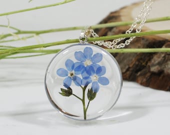 Forget me not Necklace, Pressed Flower Necklace, Sterling Silver 925, Necklace, Resin Necklace, Pressed Flower Jewelry, Circle necklace