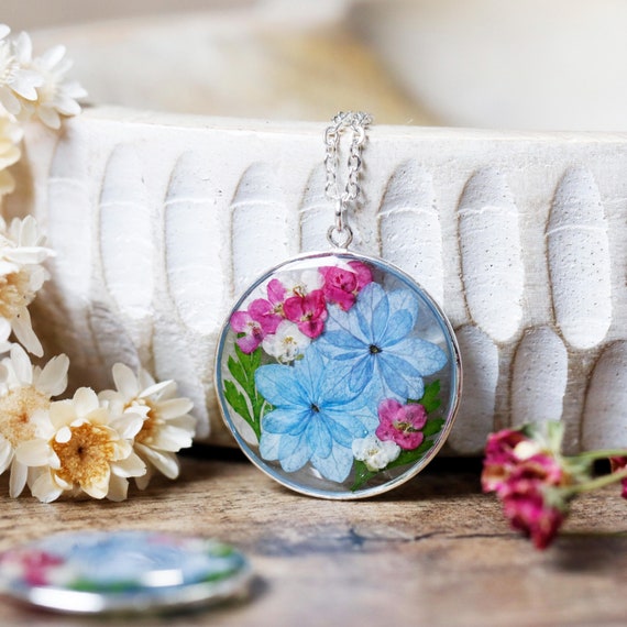 Resin Necklace Hydrangea Pendant Handmade Resin Pendant With Real Pressed Hydrangea Red, Round