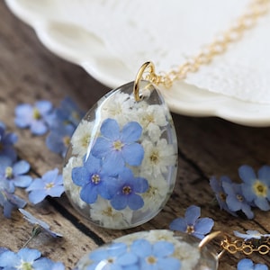 Vergissmeinnicht Halskette, gepresste Blumen Halskette, Vergissmeinnicht Schmuck, Terrarium Schmuck, Harz Schmuck, echte Blume, Teardrop Halskette