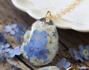 Vergissmeinnicht Halskette, gepresste Blumen Halskette, Vergissmeinnicht Schmuck, Terrarium Schmuck, Harz Schmuck, echte Blume, Teardrop Halskette
