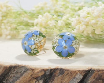 Vergissmeinnicht Ohrringe, Gepresste Blumen Ohrstecker, Harz Ohrringe, Sterling Silber, Ohrstecker, kleine Ohrringe, Naturschmuck