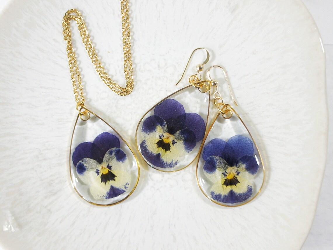 Violet Necklace Pansy Flower Necklace Flower Earrings Viola Etsy