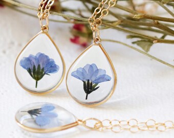 Winzige Vergissmeinnicht Blume Halskette, Harz Schmuck, Träne Halskette, Terrarium Schmuck, echte Blume Halskette, Botanische Schmuck