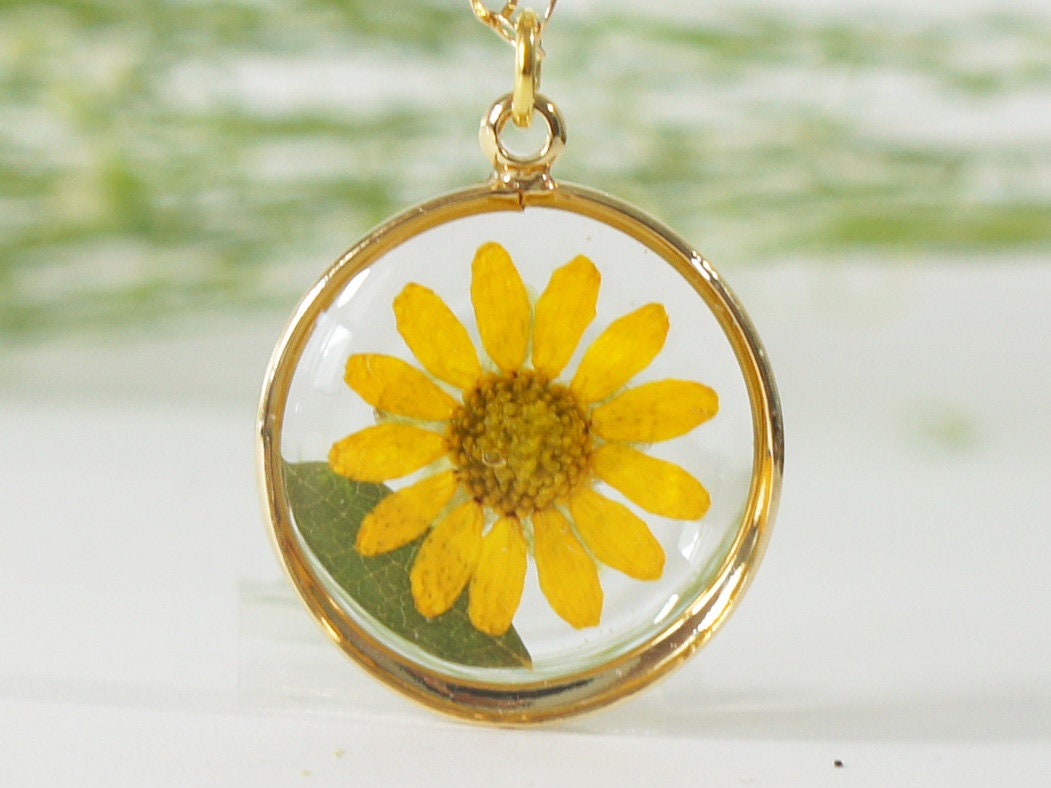 Yellow Pressed Flower Necklace, Real Flower Jewelry, Daisy