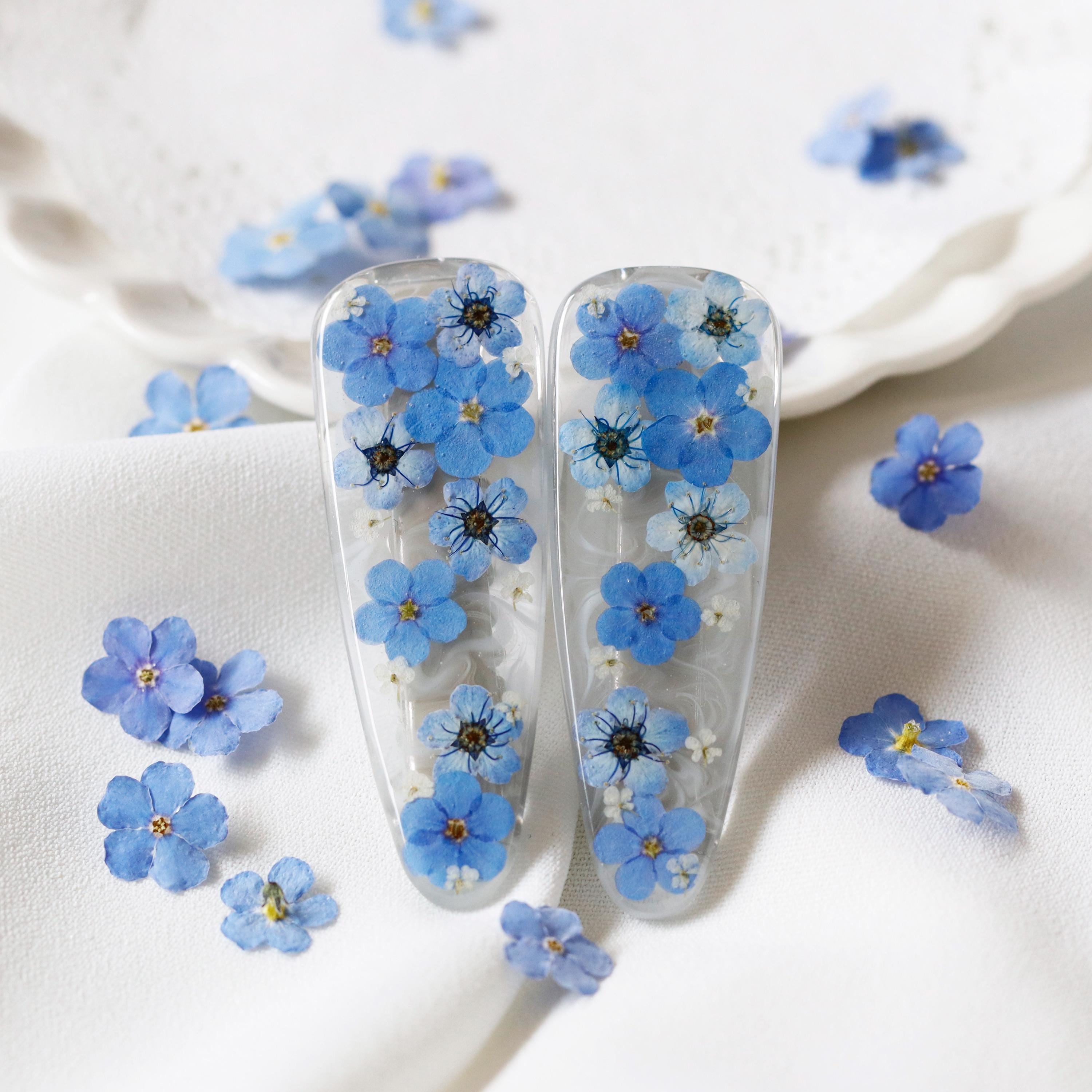 忘れな草ヘアクリップ、本物の押し花、樹脂ヘアクリップ、本物の花
