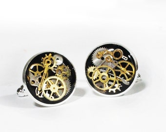 Steampunk Cuff link, SILVER PLATED & BLACK Cuff links, Steampunk Cufflinks, , Wedding Jewelry, Steampunk Men's Jewelry, Cyberpunk, Gears