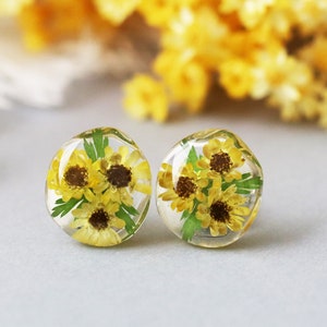 Sunflower Earrings, Yellow Flower Earrings, Resin Earrings, Real Flower Earrings, Pressed Flower Studs Earrings, Dried Flower