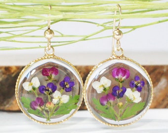 Pressed Flower Earrings, Flower Earrings, Resin Earrings, Gold Filled, Alyssum, Dangle Earrings, Resin Dangles, Flower Bouquet Earrings