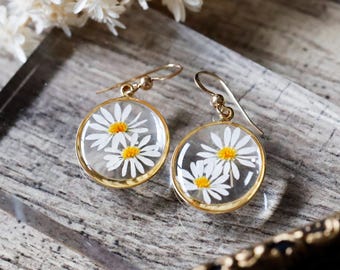 Pressed Daisy Resin Earrings: Gold Plated Real Flower Jewelry