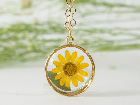 Yellow Pressed Flower Necklace Real Flower Jewelry Daisy