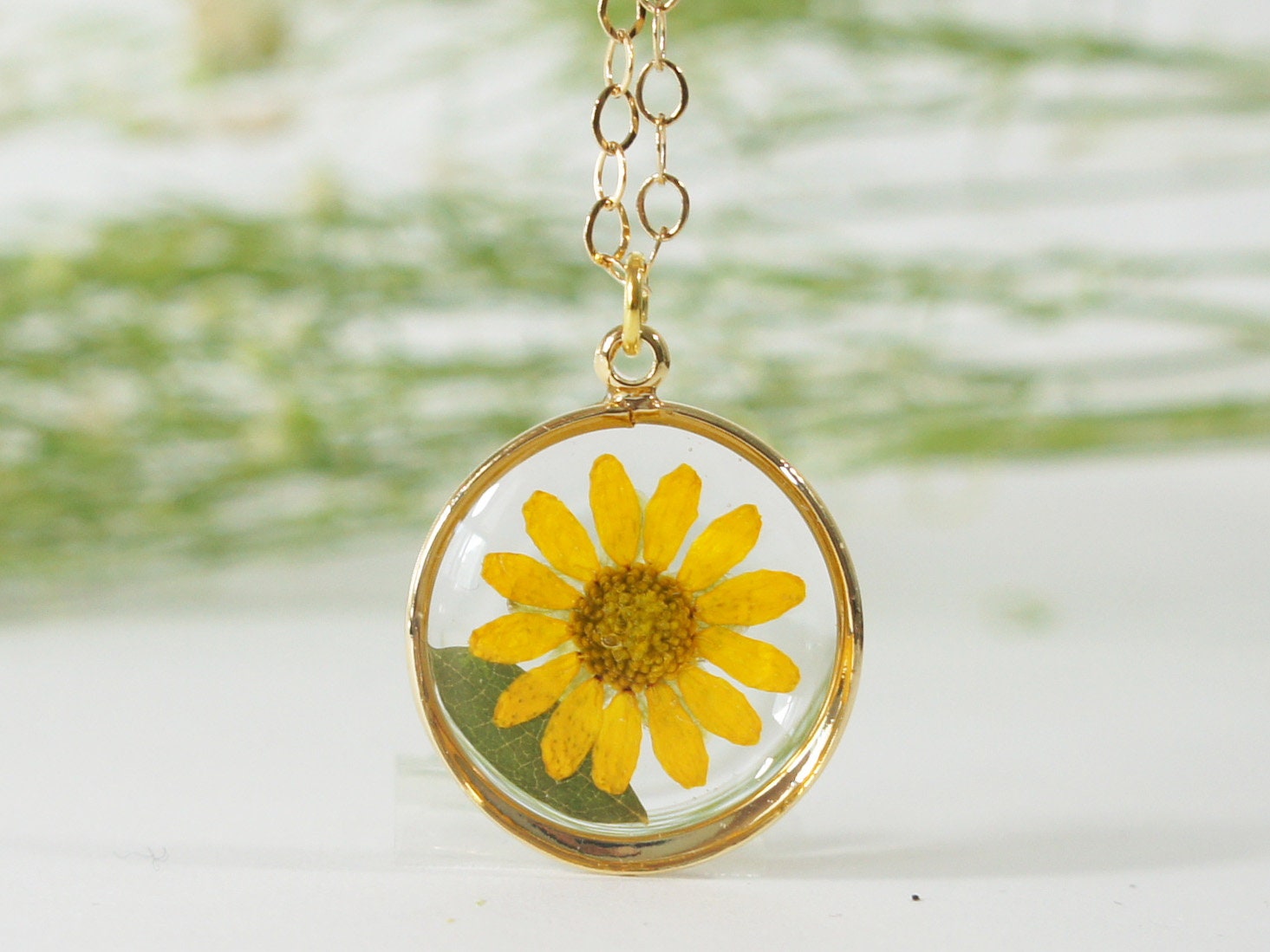 Yellow Pressed Flower Necklace, Real Flower Jewelry, Daisy