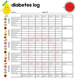 May include: A printable diabetes log with a cartoon pear and watermelon on the top and bottom of the page. The log is divided into days of the week, with columns for breakfast, snack, lunch, snack, dinner, snack, and notes. Each day has rows for blood sugar, carbs, insulin, and exercise.