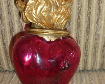 Vintage Sacred Heart Of Jesus Cranberry Ruby Glass French Holy Water Bottle Font