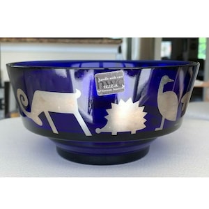 Egizia Sottsass Italy Cobalt Blue Art Glass Bowl Decorated with Sterling Animals