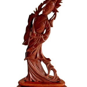 Vintage Chinese Carved Goldstone Aventurine Quan Yin Sculpture on Wood Base