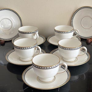 Wedgwood Bone China Black Ulander 5 Cups and 7 Saucers