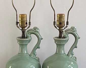 Extraordinary Vintage Pair of Chinese Longquan Hong Kong Celadon Table Lamps *