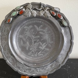 Antique Chinese Floral Bird Design Pewter Plate with Jade & Carnelian Stones