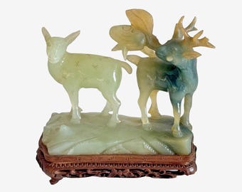 Vintage Chinese Carved Jade Stone Deer Group Sculpture on Wood Base
