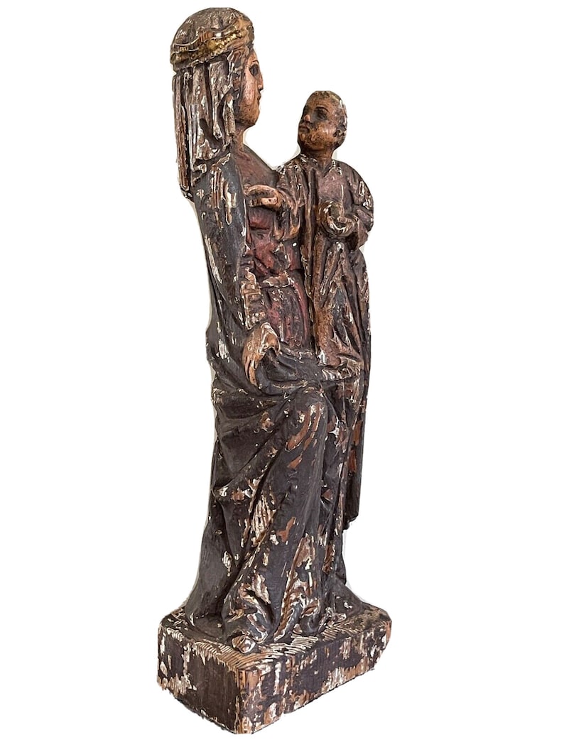 Monumental Antique Polychromed Painted Madonna and Child Carved Wood ...