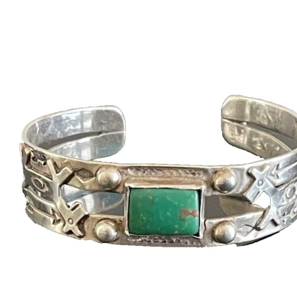 Navajo Fred Harvey Era Sterling Silver Cuff Bracelet with Green Turquoise Stone