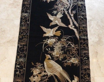 Antique Japanese Gold Threads Embroidered Silk Huge Panel 129.5" L By 39.5" W