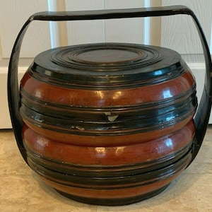 Antique Chinese Large Ornate Black and Red Lacquered Wedding Basket