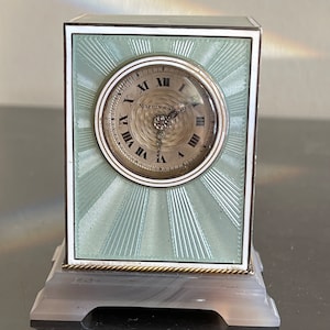 Mappin & Webb Antique Guilloché Enamel Silver and Agate Clock in Original Case