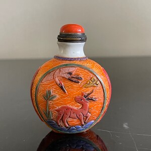Vintage Chinese Peking Glass Snuff Bottle with Carved Deer and Birds Decoration