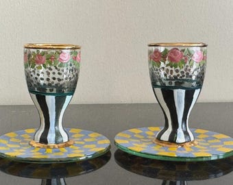MacKenzie Childs Hand Painted Circus Glass Egg Cups with Attached Plate