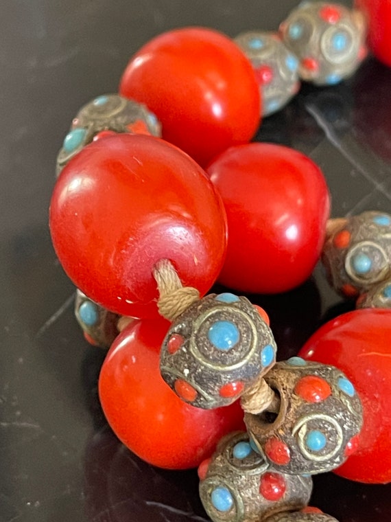 Vintage Tibetan Coral Turquoise Inlay Stones Bead… - image 8