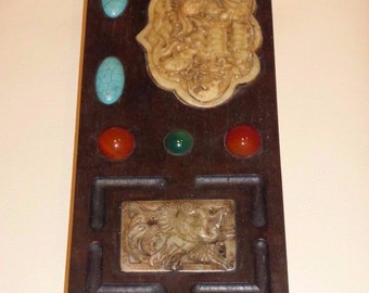 Antique Chinese Wood Brush Rest with Applied Stones