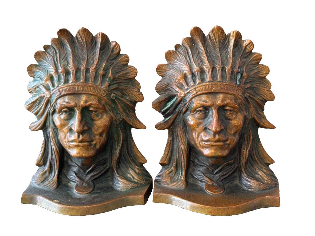 Native American Indian Chief Heads 1939 Signed Bronze Sculpture