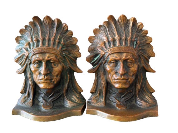 アンティーク雑貨 Indian Chief Chalkware Bookend Native American Indian Chief Heads 1939 Signed Bronze