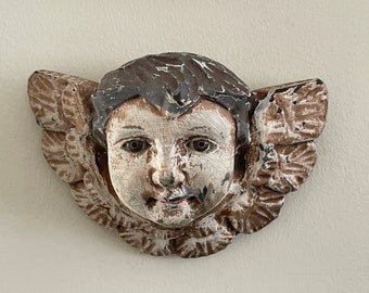 Antique Carved Wood Polychrome Putti Angel Head with Glass Eyes *