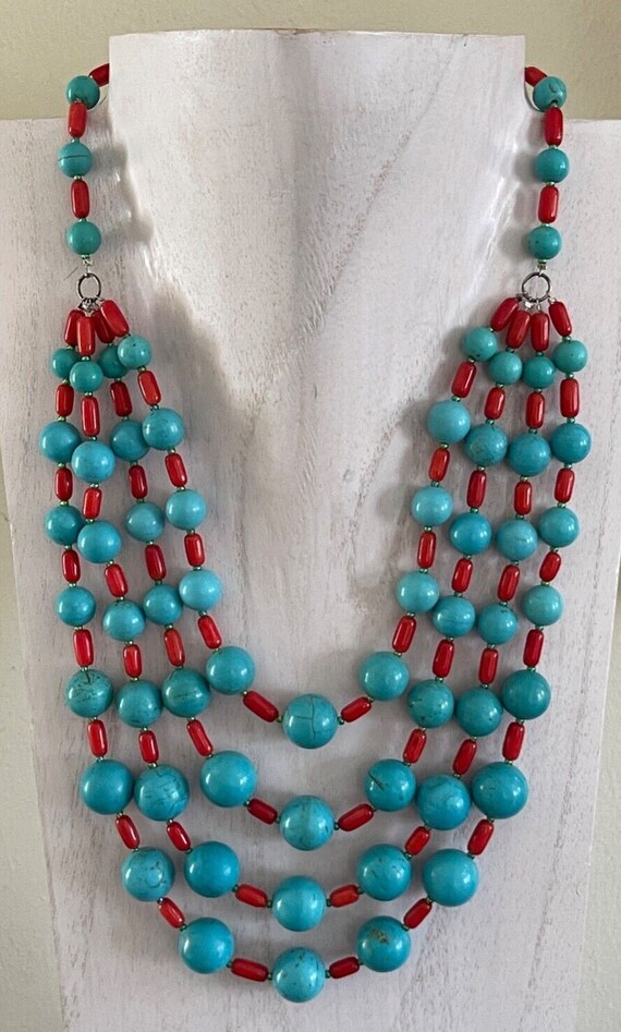 Vintage 4-Strand Turquoise and Coral Beads Sterlin