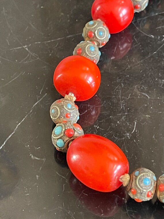 Vintage Tibetan Coral Turquoise Inlay Stones Bead… - image 6