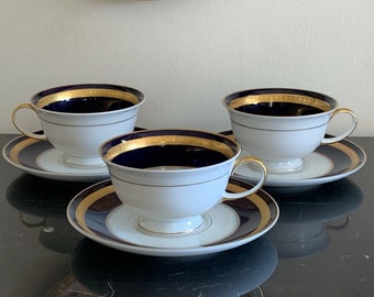 Rosenthal Germany Eminence Cobalt Blue and Gold Cup and Saucers Set of 3