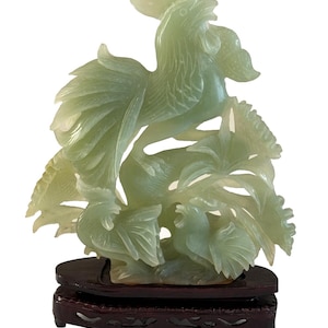 Superb Vintage 13.5" Tall Chinese Carved Jade Rooster Sculpture on Wood Base
