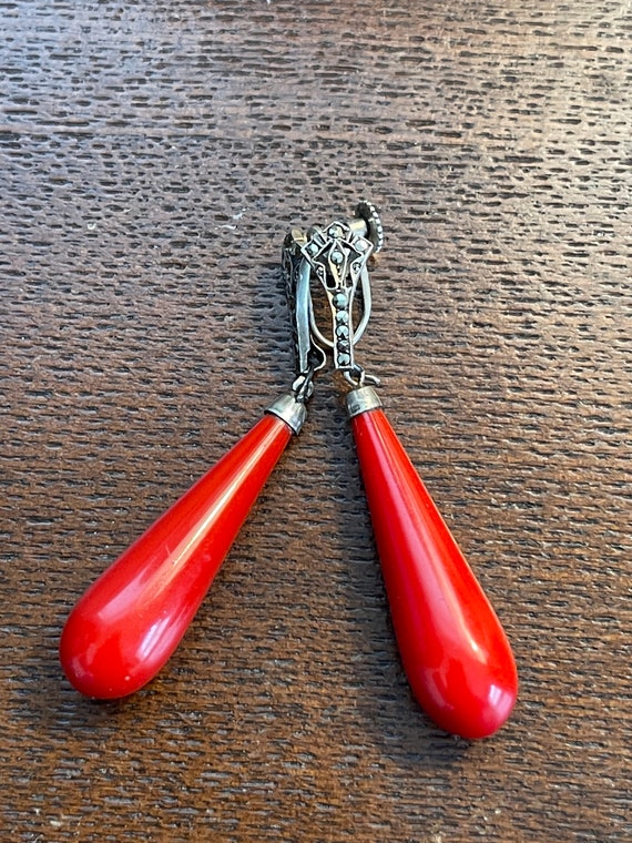 Sterling Silver Marcasite Coral Red Earrings